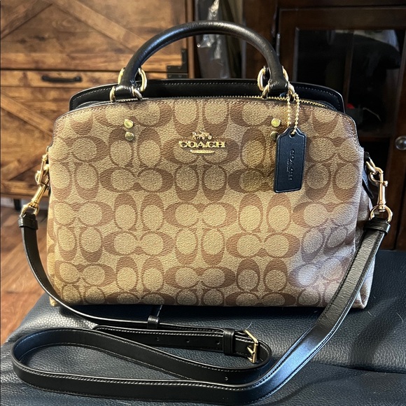 Coach Handbags - Coach Tan and Black Lillie Carryall Signature Satchel